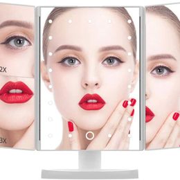 Compact Mirrors Makeup LED Mirror Lights Makeup White Trifold Mirror 21 LED Vanity Mirror Lighted Up Mirror with Touch Screen Dual Power Supply 231113