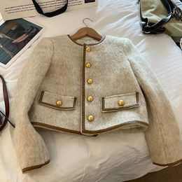 Женский шерстяной винтажный укороченный пиджак, пальто, женский корейский короткий твидовый жакет, элегантный женский толстый стеганый однобортный шерстяной верх, топы 231113
