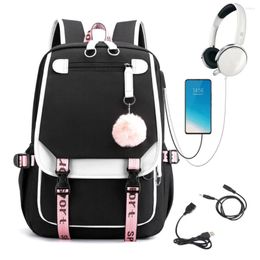 Backpack Student Large School Bags For Girl Ins Korean Fashion Canvas Schoolbag USB Port Book Bag Cute Kawaii Mochila