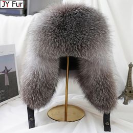 Trapper Hats Winter Men's 100% Real Silver Fur Bomber Hat Raccoon Fur Ushanka Cap Trapper Russian Man Ski Hats Caps Real Leather 231113