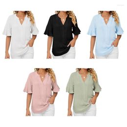 Women's T Shirts Women Summer Ruffle Half Sleeve Plain T-Shirt Casual Loose Fit Notched V-Neck Solid Colour Curved Hem Blouses Tunic Tops