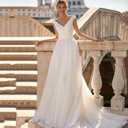 Elegante lange Brautkleider mit V-Ausschnitt, Chiffon, ärmellos, A-Linie, Sweep-Zug, Brautkleider für Damen