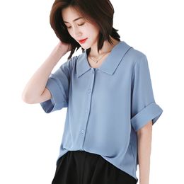 Women's Blouses Shirts Summer Women Chiffon Blouse Short Sleeve Blue Ladies Office Ladies Shirts Work Tops Casul Female Clothing Blusas Elegant 230414