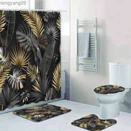 Shower Curtains Tropical Leaves Shower Curtain Sets Black Gold Monstera Leaf Plants Bathroom Decor Rug Bath Mats Toilet Cover R231114