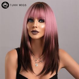Synthetic Wigs 7JHH WIGS Long Straight Wig with Bangs Ombre for Women Natural Hair Wavy Cosplay Party Heat Resistant 230413