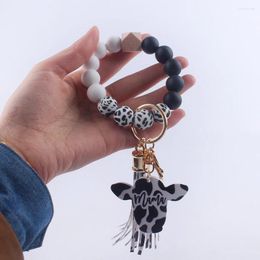 Keychains Bohemain Wristband Bracelet Fashion Wrist Key Chain Wooden Beads Silicone Keychain Keyrings Cow Tassel