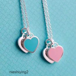 Other T home romantic love necklace female red heart dripping oil enamel blue collarbone chain double pendant gift with box LMKO