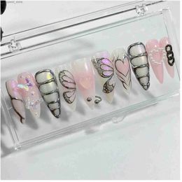 False Nails 3D Metallic Silver On Pink Long Stiletto Press On Nails Goth Chrome Aura Gothic Fake Nails Emo Y2K Grunge Nails Q231114