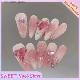 False Nails Fake Nails Y2k Medium Length Almond Shape Pink 3D Heart Designs Press On False Nails Small Rhinestones Decoration Nail Tips Q231114
