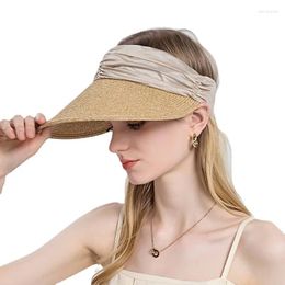 Wide Brim Hats Summer Outdoor Beach Sunshade Hat Women's Sunscreen Woven Empty Top Straw Panama Cap Visor