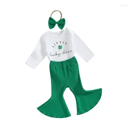 Clothing Sets Spring St. Patrick's Day Infant Baby Girls Fall Outfit Long Sleeve Letters Print Romper Flare Pants And Headband Set