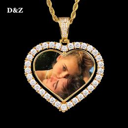 Pendant Necklaces D Z Custom Made Photo Rotating Heart Shape Double-sided Pendant Necklace 4mm Tennis Chain Zircon Men's Hip hop Jewelry T230413