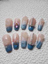 False Nails Blue Mermaid with 3D Silver Butterfly Long Stiletto Press On Custom Q231113