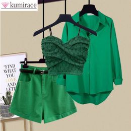 Women's Two Piece Pants Sexy Lace Strap Bra Loose Blouse Casual Shorts Three Piece Elegant Women's Pants Set Summer Street Outfits Tracksuit 230414