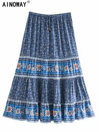 Skirts Vintage Chic Hippie Women Floral Printed High Elastic Waist Beach Bohemian Skirt Ladies Rayon Cotton A-Line Boho Midi Skirts 230414