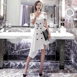 Casual Dresses Women Summer Sexy Dress Off The Shoulder Party Irregular White Suspender Double Breasted Slim Long Office Club Midi 2023