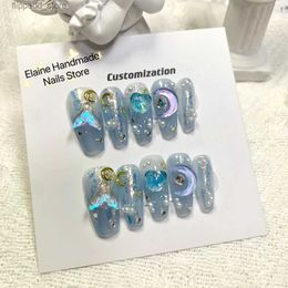 False Nails Mermaid Fish Tail Designs 3D Nails Shining Blue Finished Artificial Handmade Moon Decoration Ballet Reusable Press on Nails Q231114