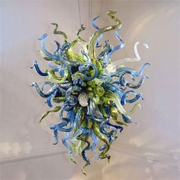 Small Modern Lamps Hand Blown Glass Chandelier Flower Hanging Lights Fixtures Blue Olive Green Indoor Art Home Decoration Bedroom Living Room 20 by 24 Inches