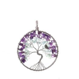 Fashionable Tree of Life Natural Amethyst Chip Stone Pendant Jewellery Copper Round Pendant for Jewellery Making