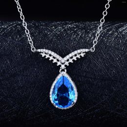 Pendant Necklaces Lovely Angel Wing Necklace Charming Blue Water Drop Crystal Women's Fashion Jewellery Dinner Dress Accessories