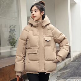 Womens Down Parkas H Autumn Winter Loose Hooded Coat Cotton Padded Jackets Thicken Warm Parka Women Casual Big Pocket Solid Colour Outwear 231114