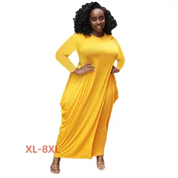 Plus Size Dresses 4xl 5xl 6xl 7xl 8xl Solid Colour O Neck Long Sleeve Irregular Hem Cotton Pocket Large Dress For Women