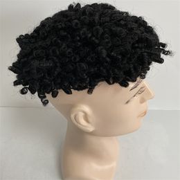 Brazilian Virgin Human Hair Replacement #1b Natural Black Hair Systems 12mm Curl Knots PU Toupee for Black Men