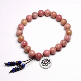 Charm Bracelets Yoga Lotus Bracelet Women 8MM Natural Real Rhodochrosite Beads Mala Lapis Lazuli Tassel Coconut Shell Jewellery Women's