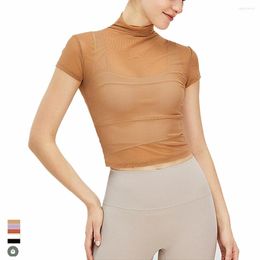 Active Shirts 2023 Spandex Net Mesh Short Sleeve High Neck Crop Top Yoga Sportswear Gym Workout Push Up Perspective Tops