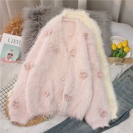 Women's v-neck mohair wool crochet embroidery 3D flower knitted single breasted loose long sleeve sweater coat SMLXLXXL