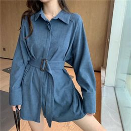 Women's Blouses Vintage Corduroy Shirt Dress With Belt Spring Autumn Long Sleeve Casual Loose Women's Tops Korean Blue Burgundy Black