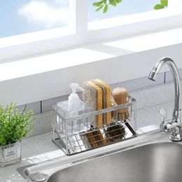 Kitchen Storage Silver Sink Sponge Holder Large-Capacity Stainless Steel Brush Drainer Rack Hollow With Removable Drain Tray Basket