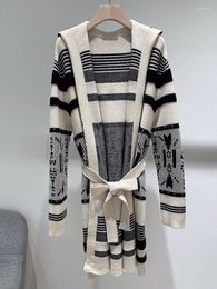 Women's Knits Women Cashmere Striped Jacquard Hooded Knitted Cardigan 2023 Autumn Winter Ladies Mid-Length Sweater Coat With Sashes