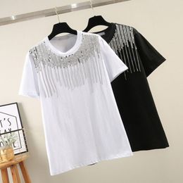 Women's T-Shirt Spring Heavy Work Sequins Decor Women T Shirt Black and White Color Round Neck Female Tee Tops 230414