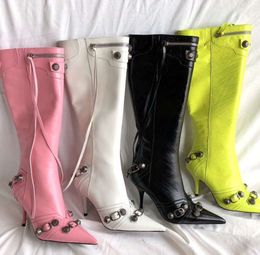 Cagole lambskin leather knee-high boots stud buckle embellished side zip shoes pointed Toe stiletto heel tall boot luxury factory footwear Fashion leather shoes