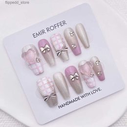 False Nails Sweetheart Pink Plaid French Tip Nails With Bow Tie Cute Kawaii Princess Y2k Fake False Press On Nails For Girls Party Q231114