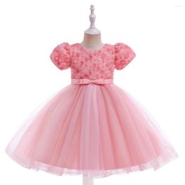 Girl Dresses Pink Short SleevesFlower Dress For Kids Handmade Flowers Wedding Party Prom Gown TulleTutu Children's Princess