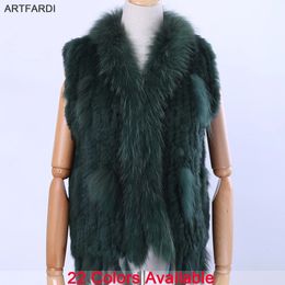 Women's Down Parkas Women's Lady Genuine Real Knitted Rabbit Fur Vests tassels Raccoon Fur Trimming Collar Waistcoat Fur Sleeveless Gilet 231113