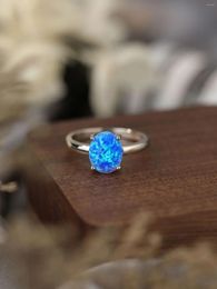 Cluster Rings Minimalist Pure 925 Silver Women's Ring With A Big Round Blue Opal Simple Design Noble Elegant Style For Dinner Party Wear