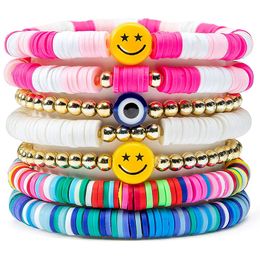 7Pcs Heishi Surfer Bracelets Set Beaded Strands Colorful Preppy Happy Smile Evil Eye Stretch Clay Stackable Boho Disc Aesthetic Summer Beach Jewelry for Women Girls