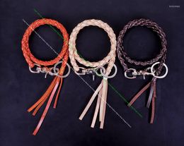 Keychains 24"Trigger Clasp Quality Genuine Tan Leather Handmade Braided Moto Trucker HipHop Chain Keyring Jeans Wallet Key Holder