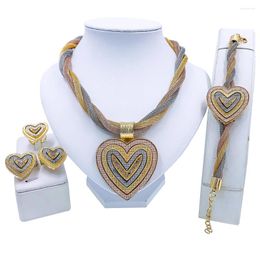 Necklace Earrings Set Fashion Women Multicolor Tassels Heart Shaped Pendant Italian Gold Plated Bridal Dubai Wedding Jewellery