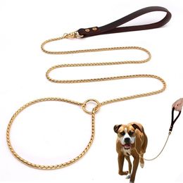 Dog Collars Leashes Dog Glamorous 304 Stainless Steel Dog Chain Collar Leash with Leather Handle Pet Lead Rope for Silver Gold Show Dog 231110