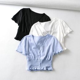 Women's Blouses V-neck Single-Breasted Midriff-Baring Short Sleeve Shirt Blouse For Women Female Crop Tops Ladies Club Street