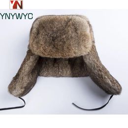 Trapper Hats Fashion Thick Warm Bomber Hat Men Real Rabbit Fur Earflap Trapper Russian Cap Male Plus Size Winter Hats for Men Ski Russian Hat 231113