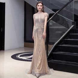 2024 Luxury Mermaid Long Prom Dress O-neck Short Sleeves Sequins Beads High-End Evening Formal Party Gowns Celebrity Wear Robe De Soiree Custom Made