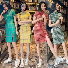 Ethnic Clothing Summer Plaid Grid Pattern Chinese Qipao Cheongsam For Young Teenage Girls