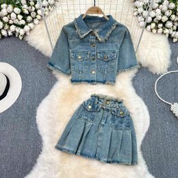 Work Dresses Amolapha Women Summer Retro Short-sleeved Denim Two-piece Suits High-waisted Pleated Skirt Jeans Coats