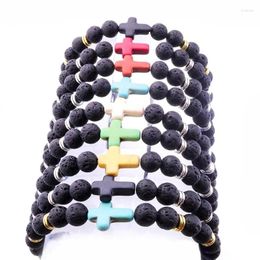 Charm Bracelets 15pcs 8mm Natural Black Lava Stone Beads Cross Bracelet DIY Volcano Rock Essential Oil Diffuser For Women Men