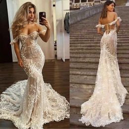 Sexy Off The Shoulder Mermaid Wedding Dresses Champagne Lining Floral Lace Appliqued Corset Bridal Gowns Sweep Train Plus Size Backless Vestidos De Novia